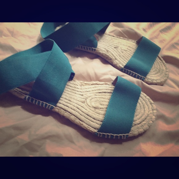 Free People TEAL elastic ankle wrap espadrilles!