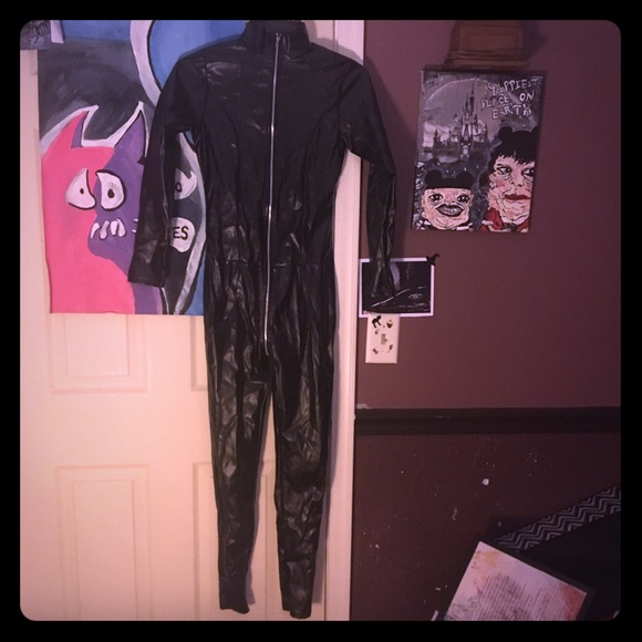 Collared black Leather jumpsuit