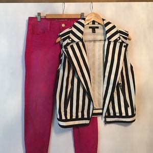 Black/white striped vest fuschia stretch leggings