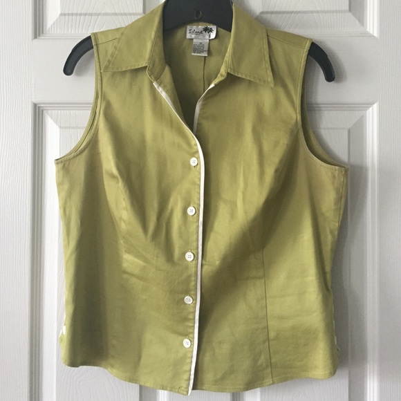 Chartreuse blouse with white trim.