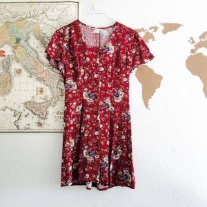 Vintage Floral Button-down Red Dress Knee-Length