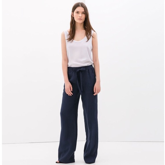 Zara Pants - NWT Zara Navy 100% Soft Linen Wide Leg Pants