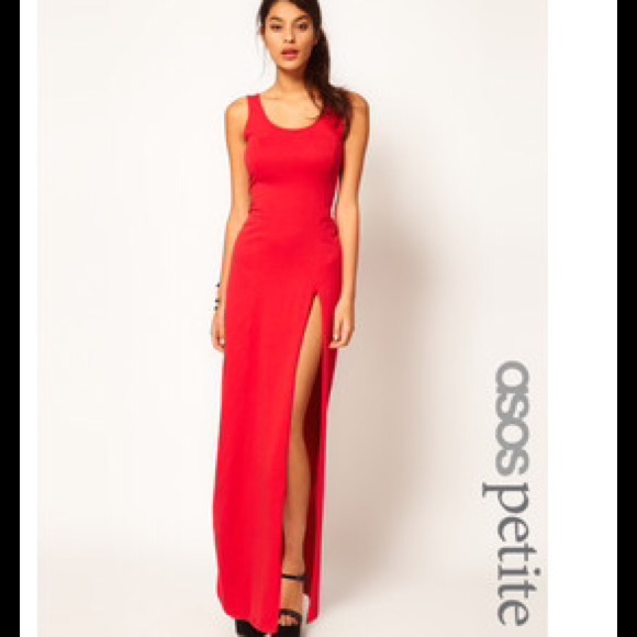 Red ASOS jersey high slit bodycon maxi dress