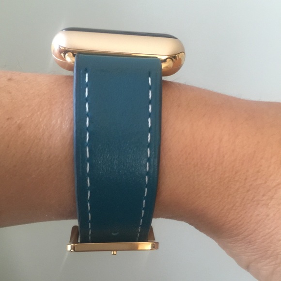 🌟Series 1-2 GOLD Blue Apple Watch Leather Replacement Band - Picture 3 of 5
