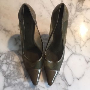 PHI olive patent mesh heels