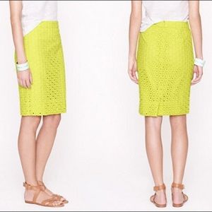 neon green J.Crew eyelet pencil skirt