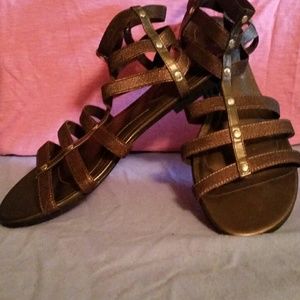 Bronze colored stretchy strappy gladiator sandals