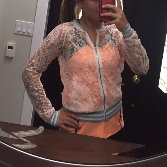 Lace striped bomber zip up sweater.