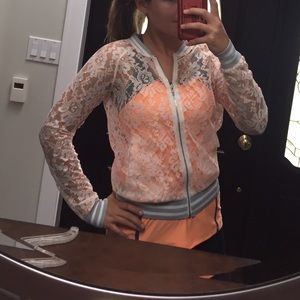 Lace striped bomber zip up sweater.