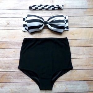 striped bandeau bow too high waisted bottom bikini