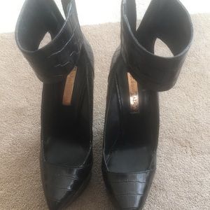 BCBG Max Azria black ankle strap wedges