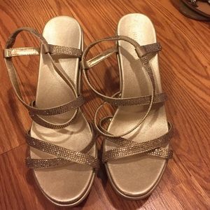 Gold strappy wedges with rhinestones on strap