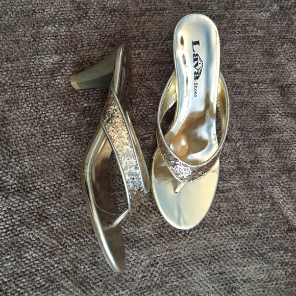 NWOT Gold slip on sandals with 2.5" heel