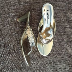 NWOT Gold slip on sandals with 2.5" heel