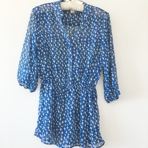 Blue and White Delicate Bird Print Top - Picture 1 of 1