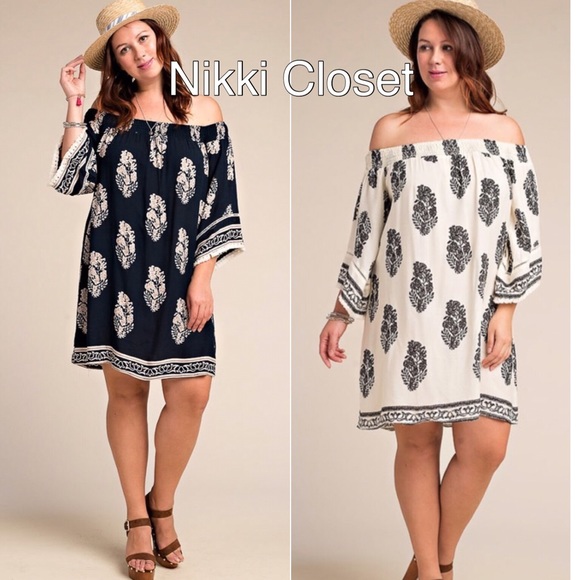 plus size dress on off shoulders printed shift - Picture 2 of 4
