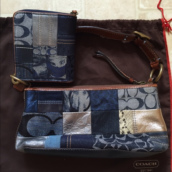 Coach indigo denim blue patchwork handbag & wallet