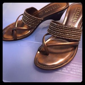 Brown bead dressy sandals with low heel