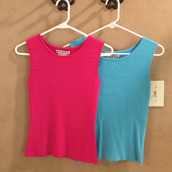 Two cute hot pink and blue sleeveless sweaters