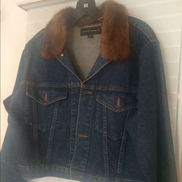 Denim blue jean jacket with mink collar
