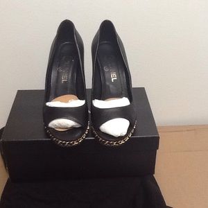 % Authentic Chanel Black Leather Open Toe Wedge % Authentic Chanel Black Leather Open Toe Wedge