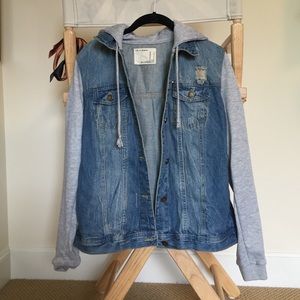 Distressed jean and grey hoodie combo jacket