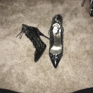 Black faux patent leather heels