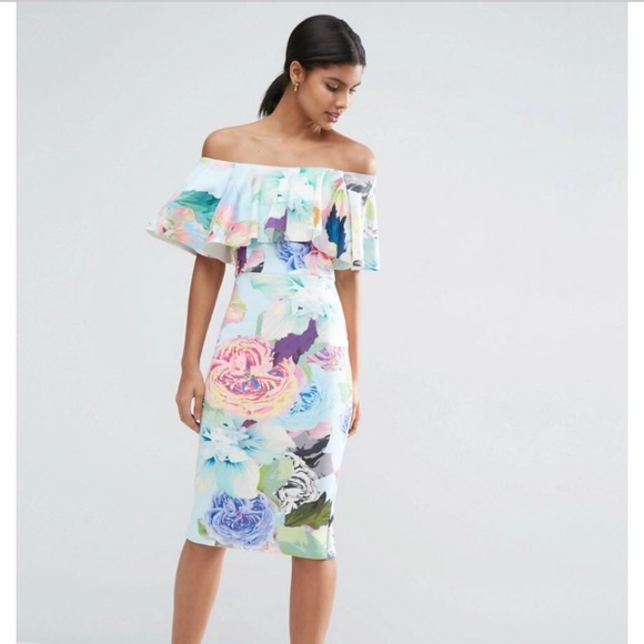 ASOS Floral Double Ruffle Bandeau Midi Dress.