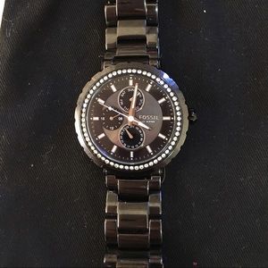 Fossil Watch: Black Face & Bracelet, Crystal Bezel