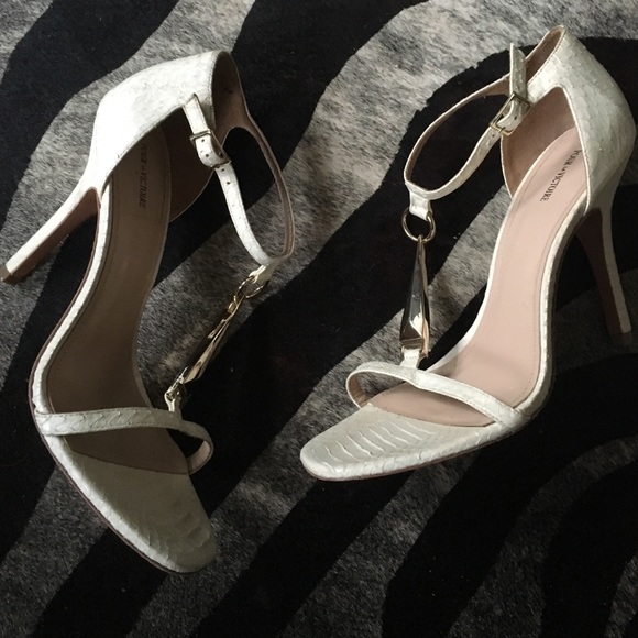 PLV white snakeskin t-strap heels