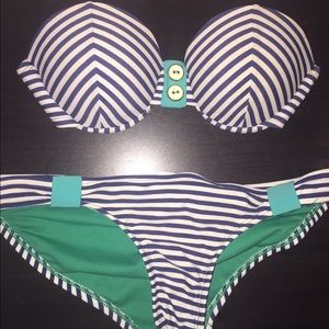 Strapless blue/white & green bikini top & bottom
