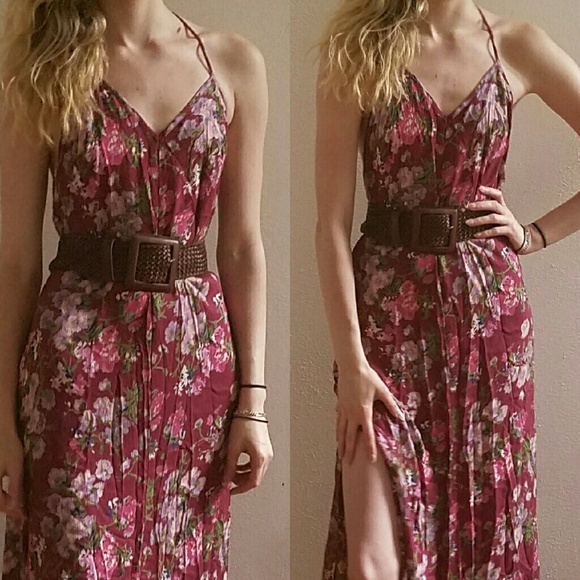 Backless Wine Floral Maxi Dress