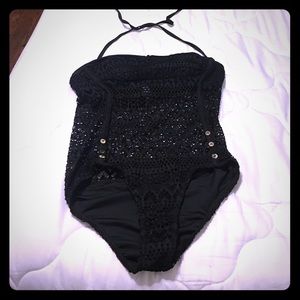 Crocheted-look Black One-Piece Bathing Suit