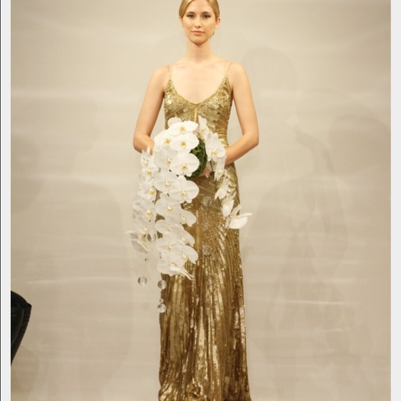 Theia Gold Beaded Sequin Gown Wedding