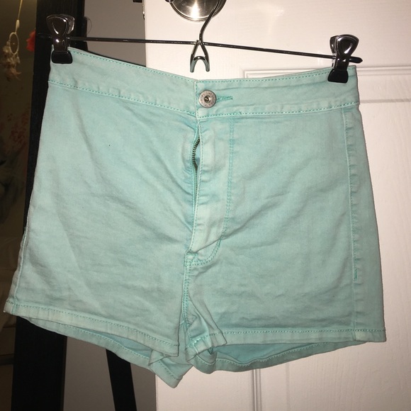 Mint green stretchy denim high waisted shorts