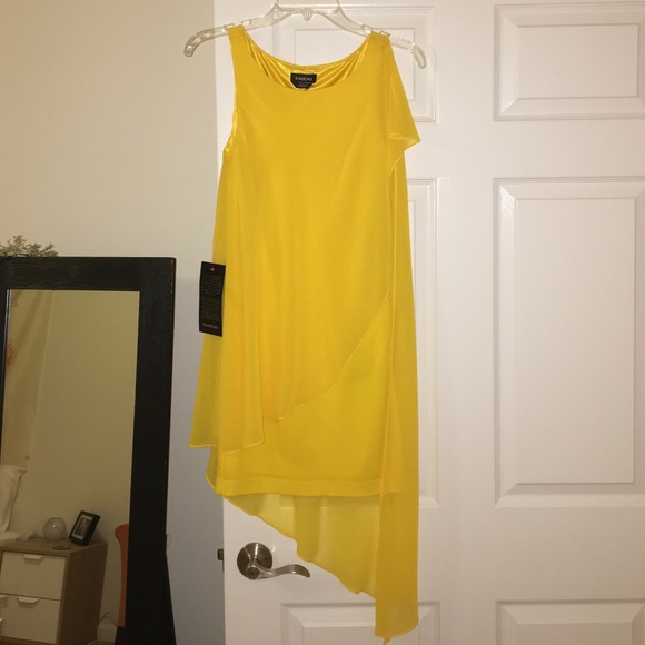 Yellow dress with body con slip and sheer overlay