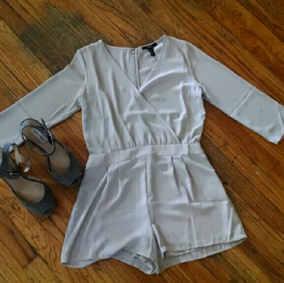 Forever 21 Light Beige/Grey Long Sleeve Romper