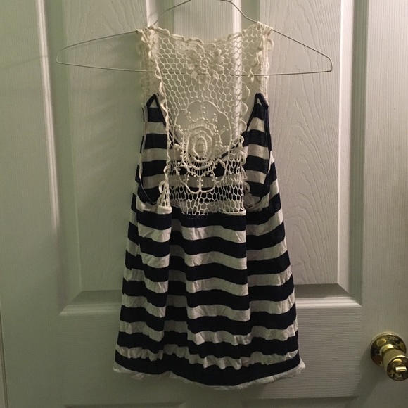 Navy Striped Crochet Back Tank Top