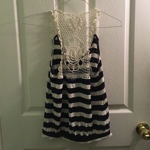Navy Striped Crochet Back Tank Top
