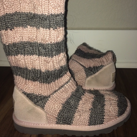 UGG Knitted Grey and Pink Stripped Boots