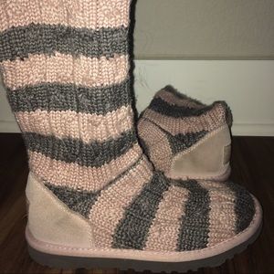 UGG Knitted Grey and Pink Stripped Boots