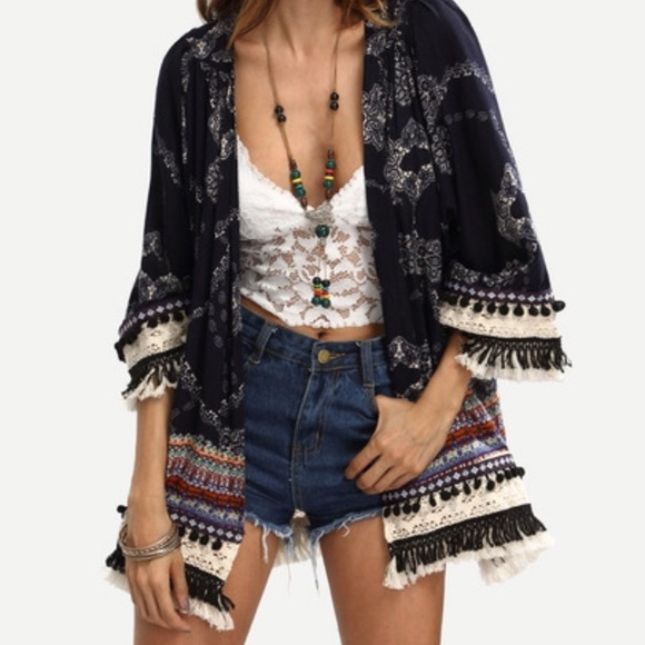 Boutique Tops - Multicolored Print Fringe Kimono