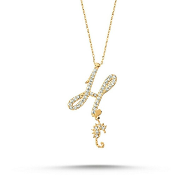 Sterling Silver 925 Initial H With Seahorse