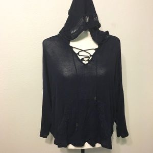 Navy Lattice Hooded Long Sleeve Top