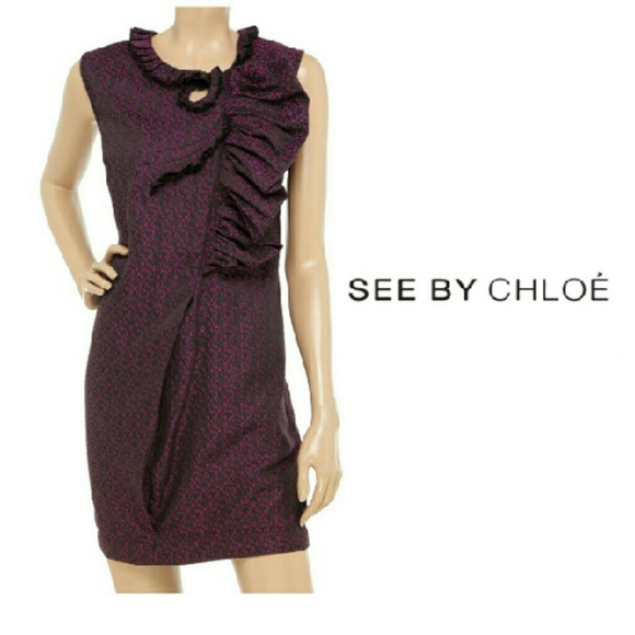 See By Chloe Purple Black Floral Jacquard Dress