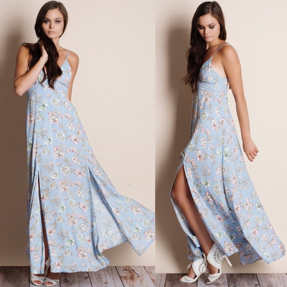 1DAYSALE Powder Blue Tie Back Floral Maxi Dress - Picture 2 of 4