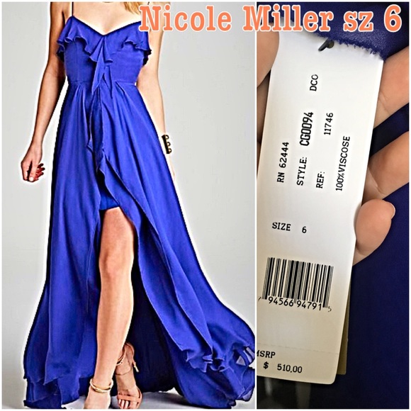 Nicole Miller high low mermaid dress sz 6 blue