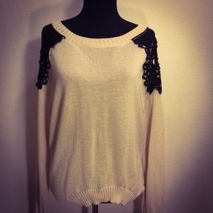 Cream sweater with black lace detail NWOT