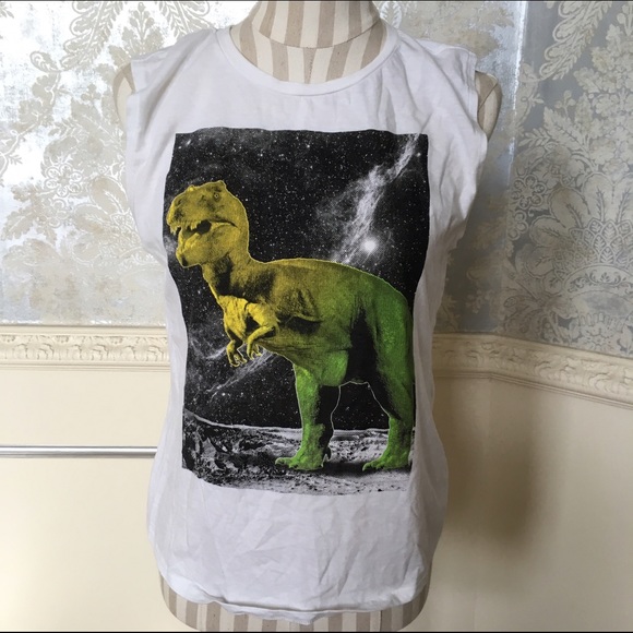 White muscle t with dinosaur graphic
