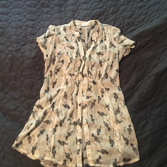 Sheer bird print button down with lace